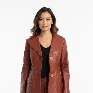 Vintage retro Leather Vintage 1970s Chestnut Leather Blazer contrasting buttons.